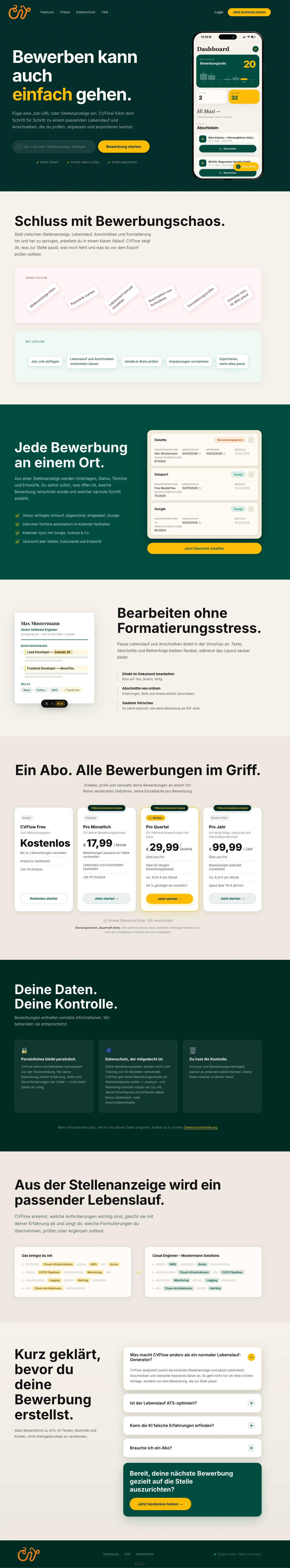 Startseite von CVFlow, läuft langsam von oben nach unten durch